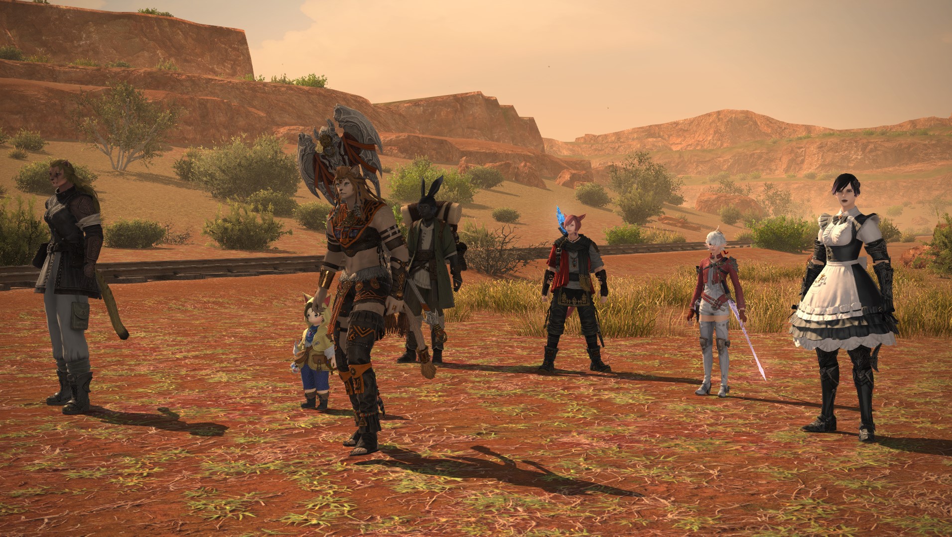 Krile, Wuk Lamat, Erenville, G'raha, Alisaie, and the Warrior of Light walk along train tracks in the desert.