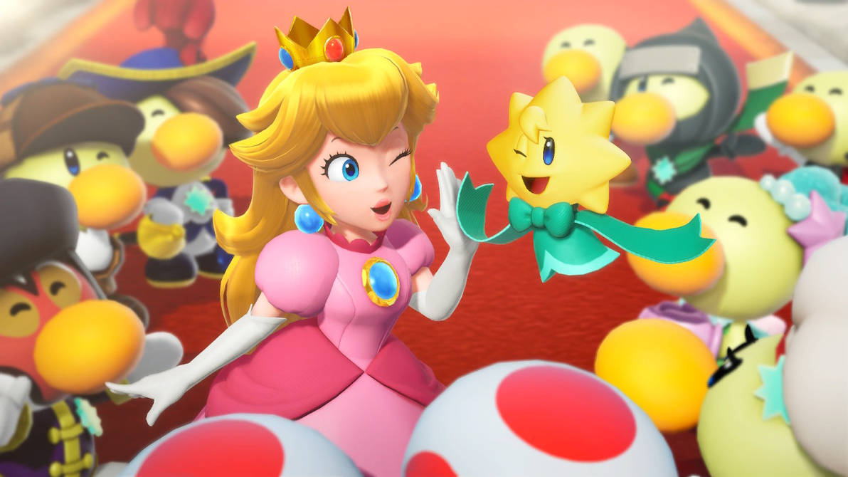 Princess Peach and Stella surrounded by Theets and Toads.