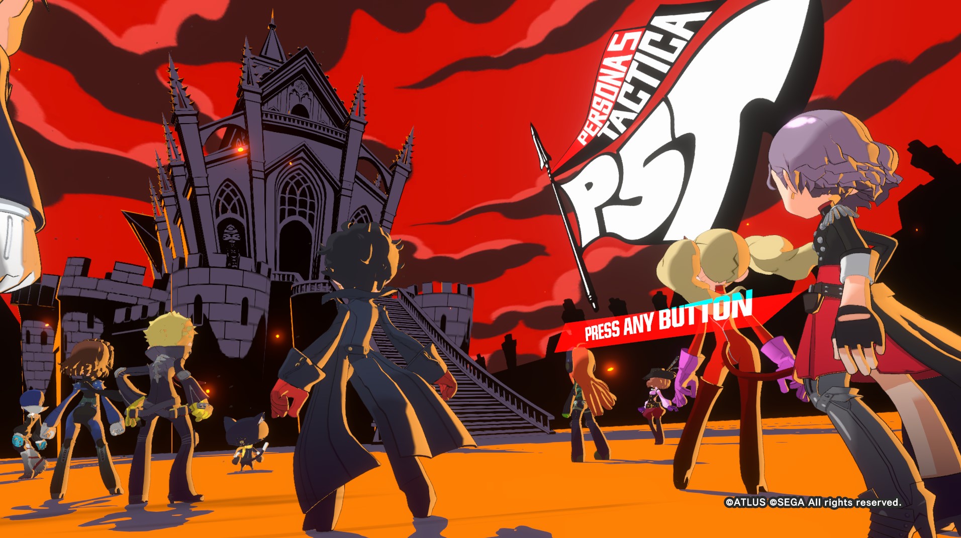 The title screen of Persona 5 Tactica. The Phantom Thieves and Erina stare down a castle looming over them.