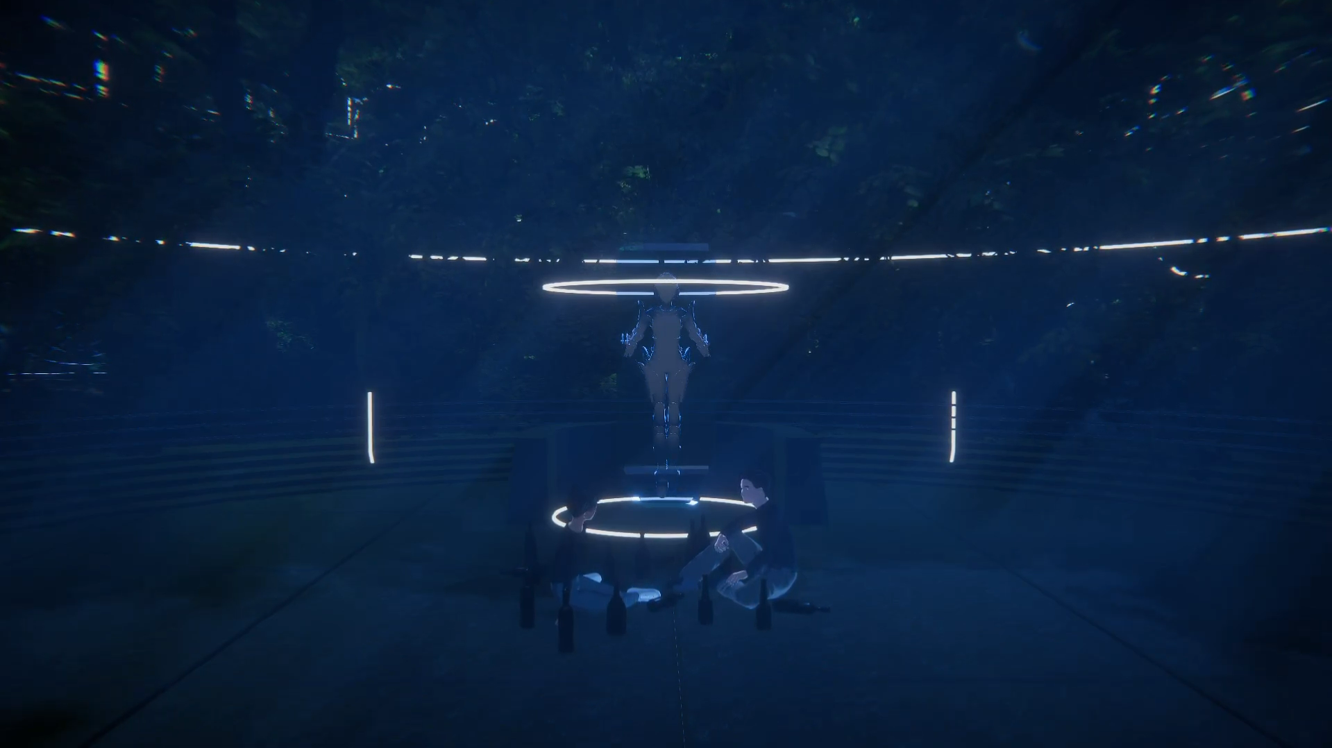 The parents from 1000xRESIST sit together on the floor of the central courtyard at night, surrounded by variously empty alcohol bottles. Behind them is the statue of Iris.