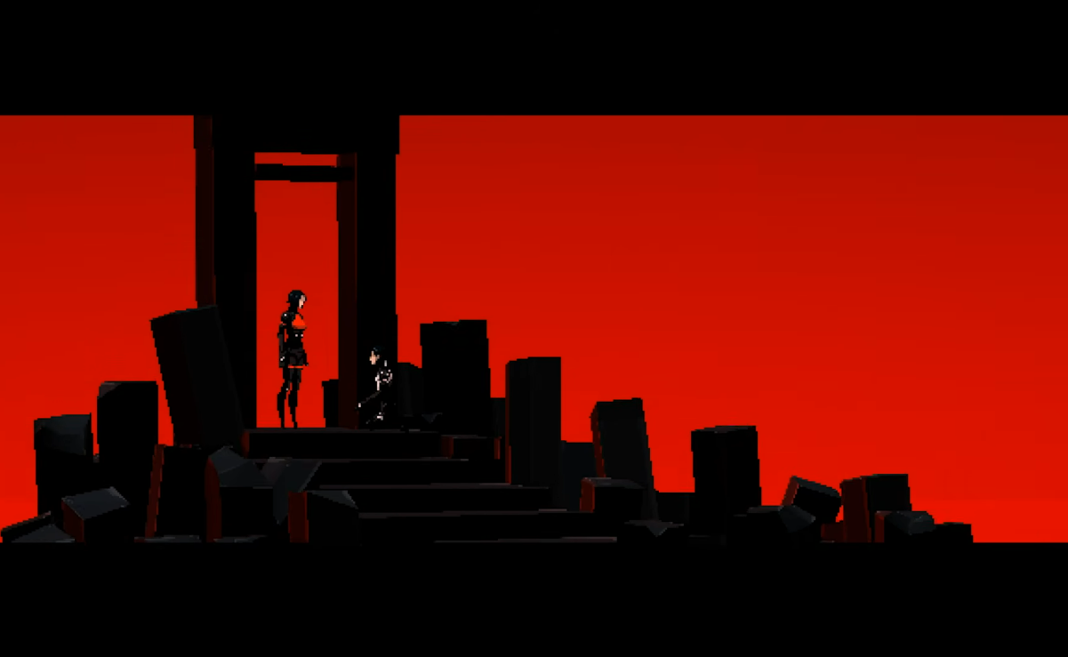 Elster stands beneath a black gate and looks down at Adler, who is on the steps in front of her.