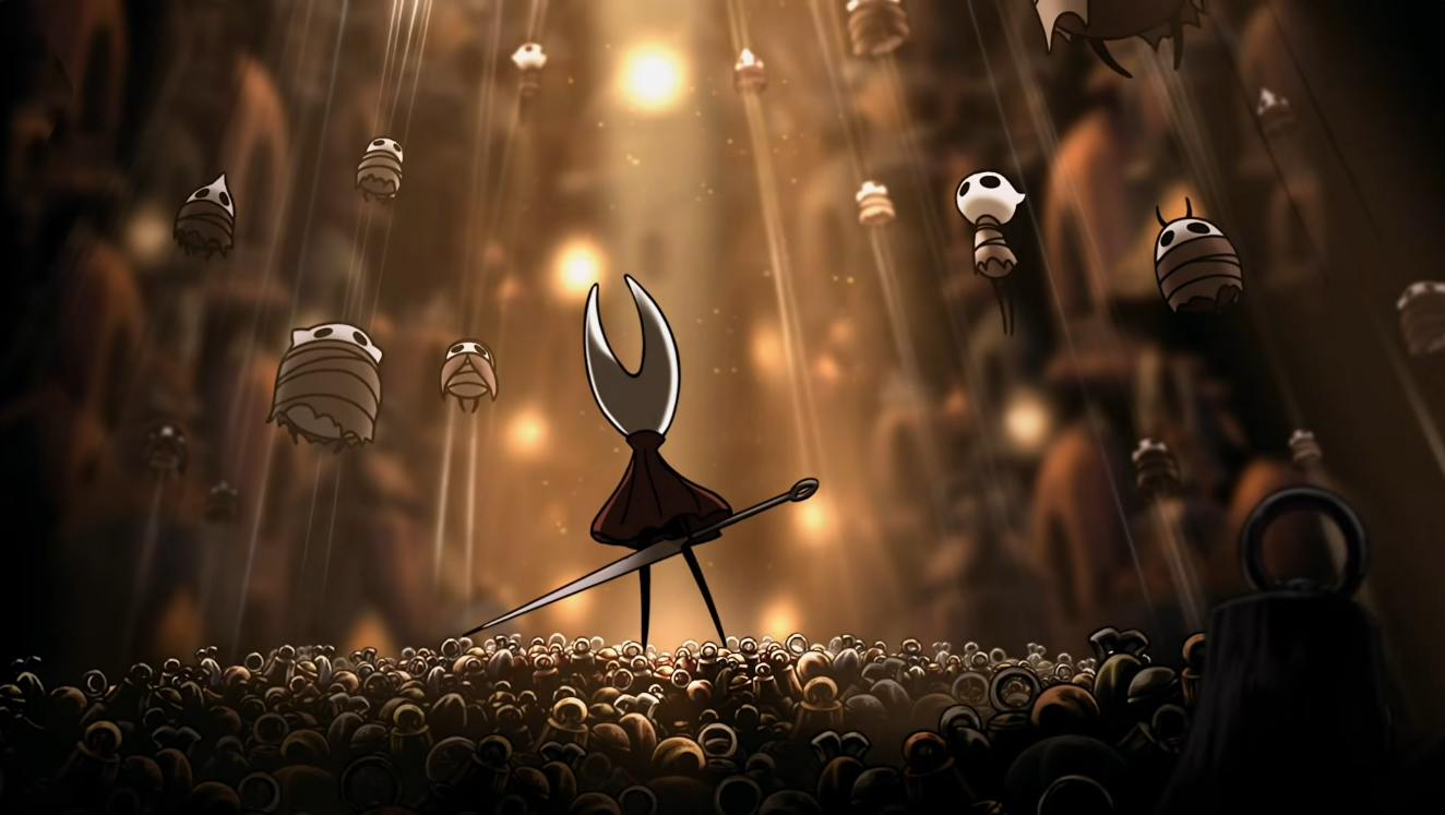 Hornet stands on a mountain of bells, looking up at a number of bugs who are suspended from the ceiling by thin strands of silk.
